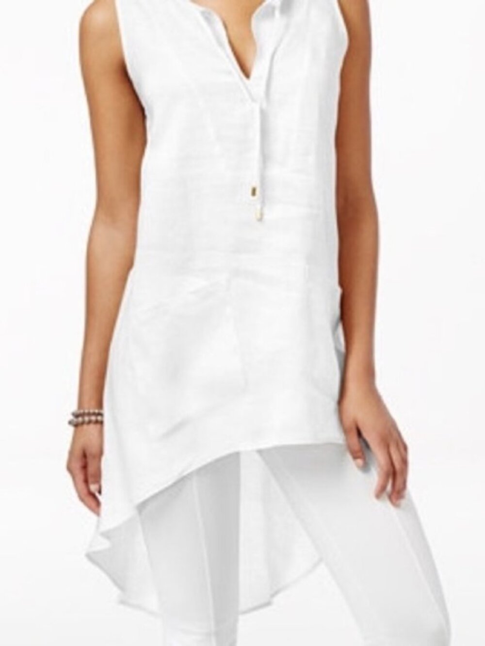 August Silk White Sleeveless Split-V High-Low Tunic